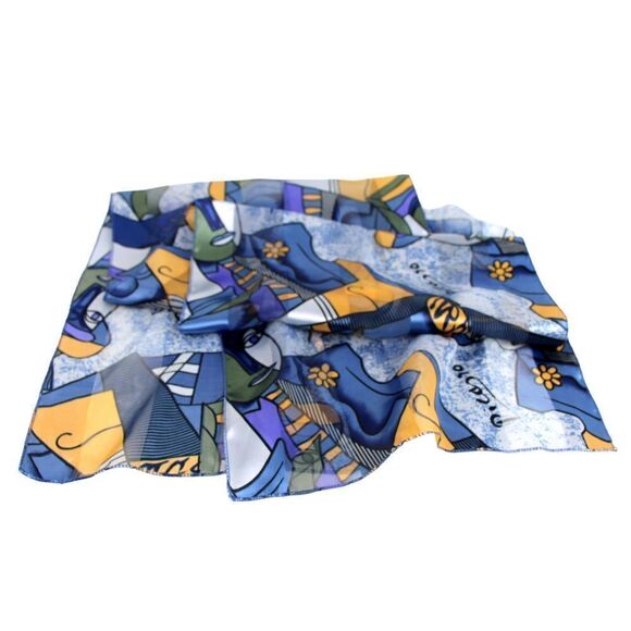 13.5"x60" Picasso BLUE MULTICOLOR POLYESTER HANDROLLED SCARF SHAWL WRAP (B46 - Picture 5 of 8